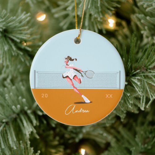 Girl's Tennis Player Cartoon Name &amp; Year Dated  Ceramic Ornament