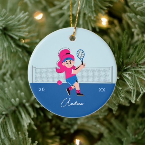 Girls Tennis Player Pink Hair Kids Name  Year Ceramic Ornament