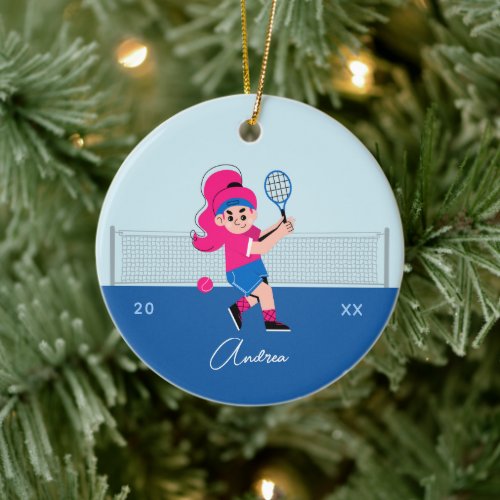 Girl's Tennis Player Pink Hair Kid's Name &amp; Year Ceramic Ornament