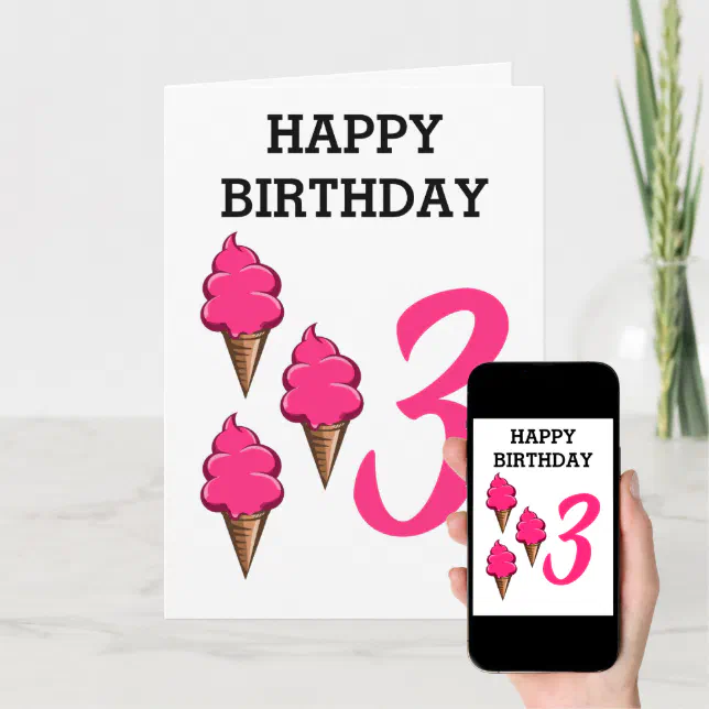 Girls Third Birthday Party Pink Ice Cream Card Zazzle