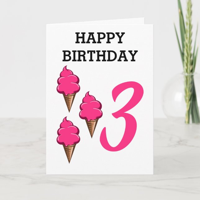 Girls Third Birthday Party Pink Ice Cream Card (Front)