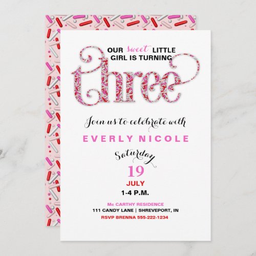 Girls Third Birthday Red Pink Sprinkles Invitation