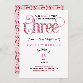 Girl's Third Birthday Red Pink Sprinkles Invitation by nawnibelles at Zazzle