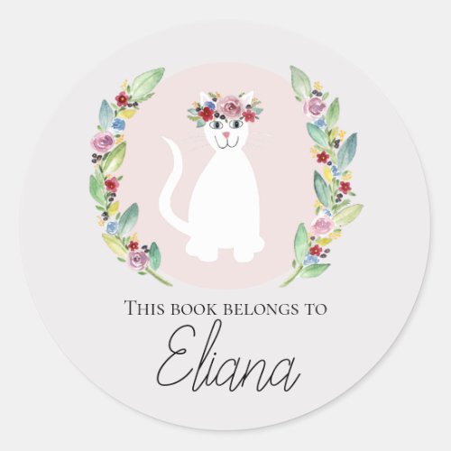 Girls This Book Belongs Cute Cat with Flowers Classic Round Sticker