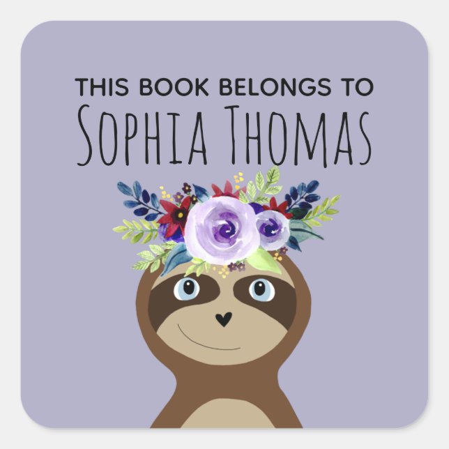 Girls "This Book Belongs" Sloth Name Bookplate (Front)