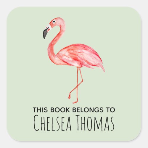 Girls This Book Belongs Tropical Flamingo Name Square Sticker