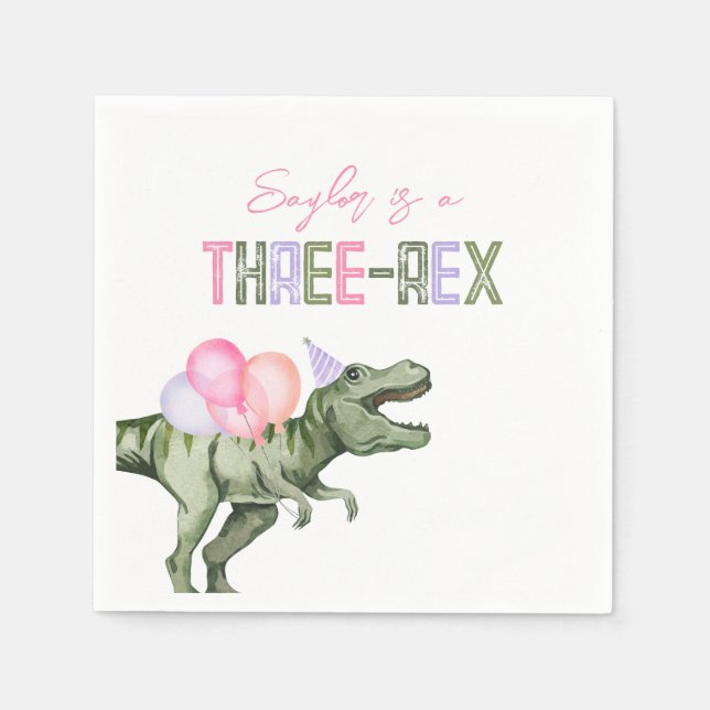 Girl's Three-Rex Party Paper Napkins (Front)