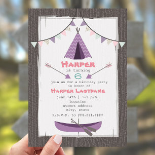 Girls Tipi Birthday Party Invitation Pink + Purple