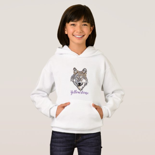 Girl's Top Hooded Sweatshirt Yellowstone Wolf (Front Full)