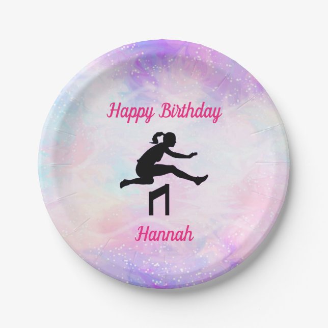 Girls Track & Field Happy Birthday Balloons Paper Plates (Front)