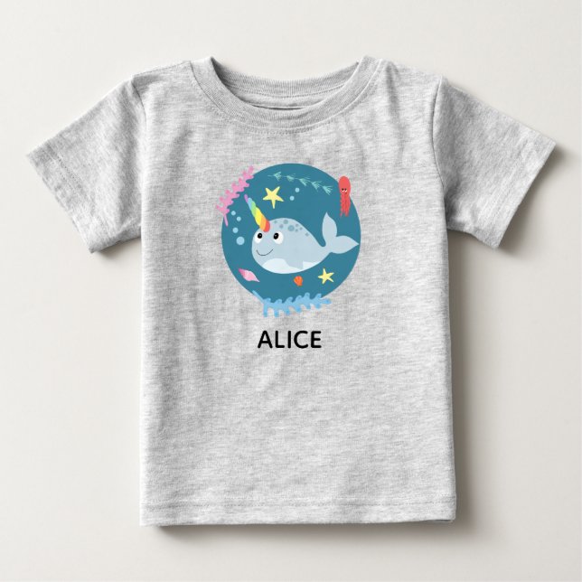 Girls Trendy and Cute Rainbow Narwhal and Name Baby T-Shirt (Front)