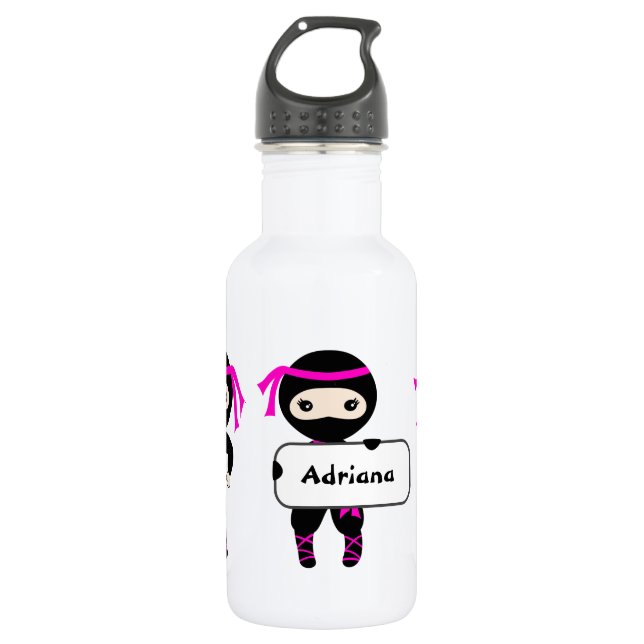 Girls Trendy Cute Ninja Warrior Kids Custom Name Stainless Steel Water Bottle (Front)