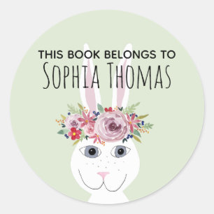 Girls Trendy Floral Rabbit Name Bookplate