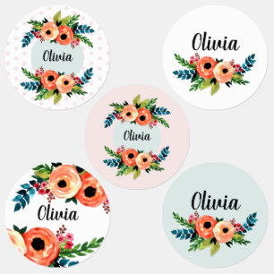 Girls Trendy Floral Watercolor Flowers and Name Kids' Labels