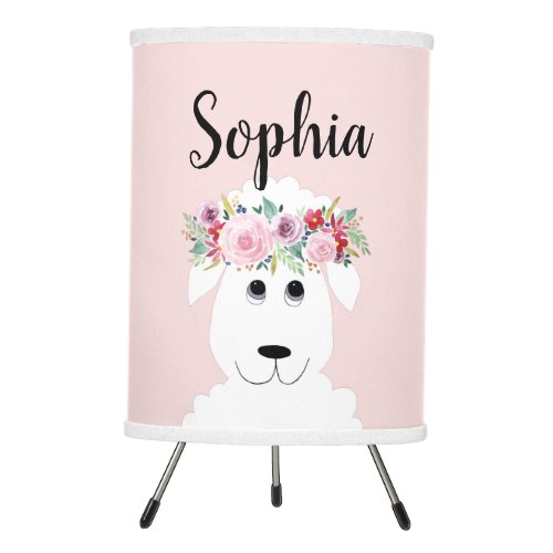 Girls Trendy Floral Watercolor Sheep and Name Tripod Lamp