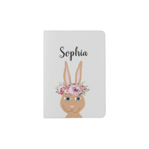 Girls Trendy Flowers Watercolor Rabbit and Name Passport Holder