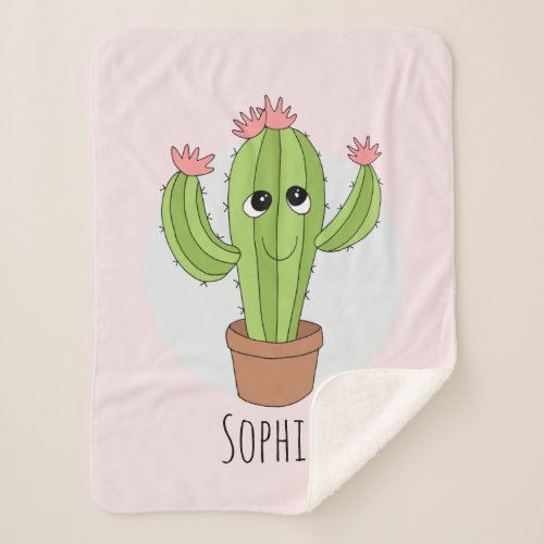 Girls Trendy Kawaii Cactus Plant and Name Kids Sherpa Blanket