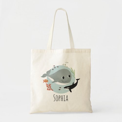 Girls Trendy Ocean Whale with Orca and Fish Kids Tote Bag