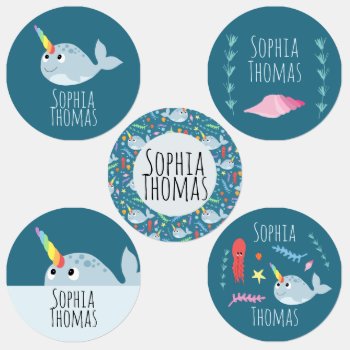 Girls Trendy Rainbow Narwhal Cartoon And Name Kids' Labels by Simply_Baby at Zazzle