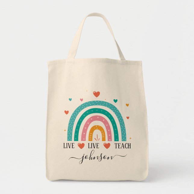 Girls Trendy Whimsical Rainbow Cartoon Name Kids Tote Bag (Front)