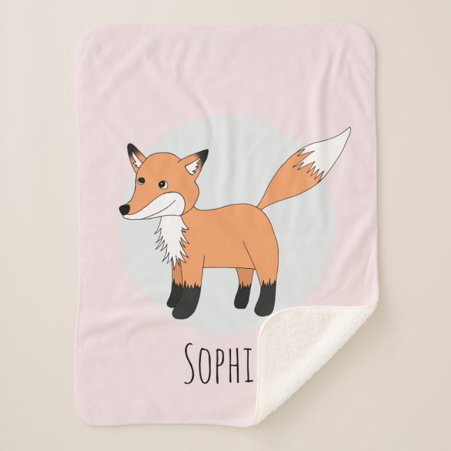 Girls Trendy Woodland Forest Fox and Name Kids Sherpa Blanket (Front)