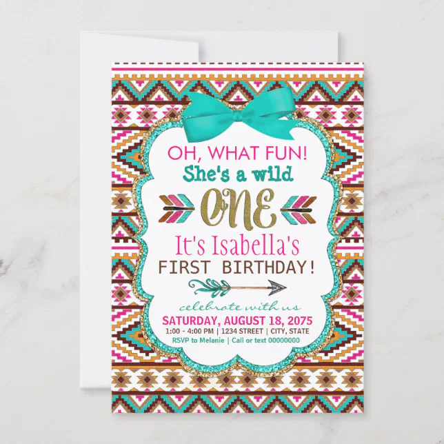 Girls Tribal Wild One Birthday Party Invitations | Zazzle