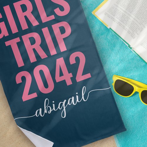 Girls Trip 2024 Blue Pink Calligraphy Monogram Beach Towel