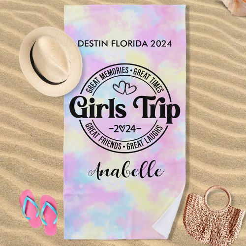 Girls Trip 2024 Girls Vacation Pastel Tie Dye Beach Towel