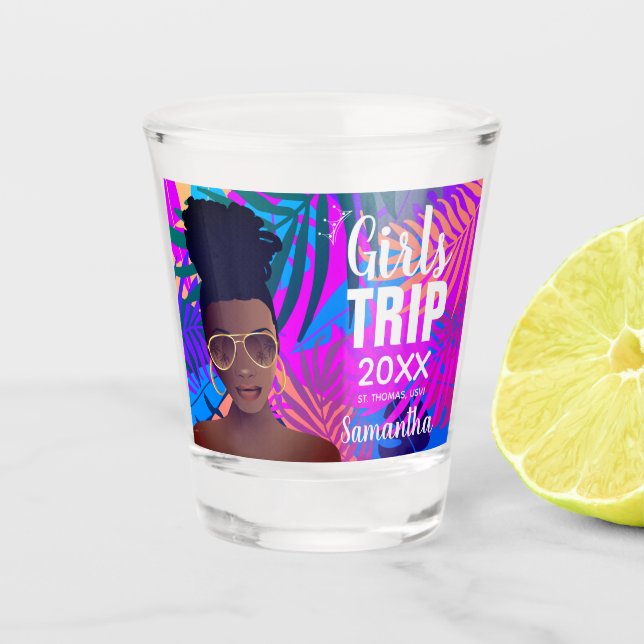Girls Trip 20XX, Tropical Colorful, Black Woman Shot Glass (Front)