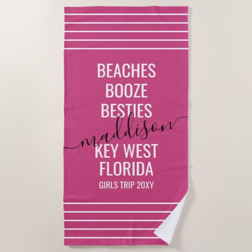 Girls Trip Beach Vacation Magenta Pink Custom Beach Towel
