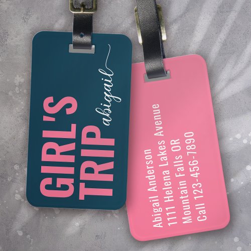 Girls Trip Blue Pink Calligraphy Monogram Luggage Tag