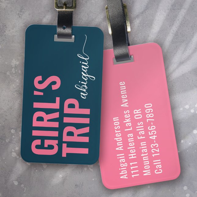 Girl's Trip Blue Pink Calligraphy Monogram Luggage Tag (Creator Uploaded)