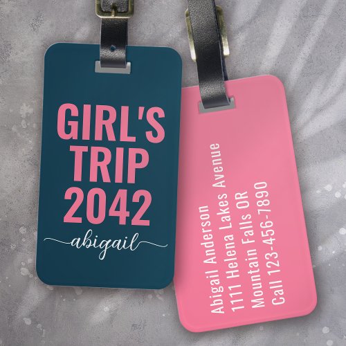 Girls Trip Blue Pink Calligraphy Monogram Luggage Tag