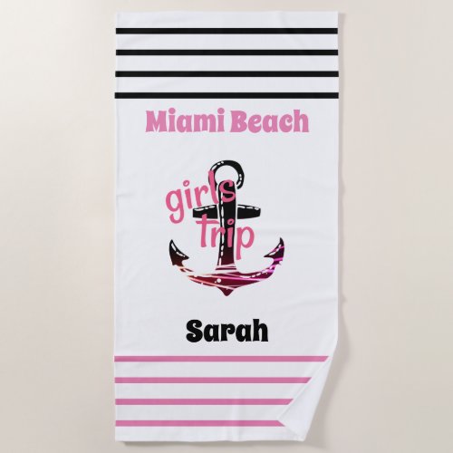 Girls Trip Nautical Anchor Pink and Black Beach Towel