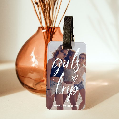 Girls Trip  Trendy Script with Photo and QR Code Luggage Tag