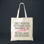 Girls Trip Weekend Vacation Name Tote Bag<br><div class="desc">Personalized Girls Weekend Trip Custom Canvas Tote Bag with editable gray and bright pink text and wording for a date,  destination location,  names,  and fun quote like "besties,  buds,  and beverages" makes a useful keepsake favor gift for your travel squad or bridesmaids.</div>