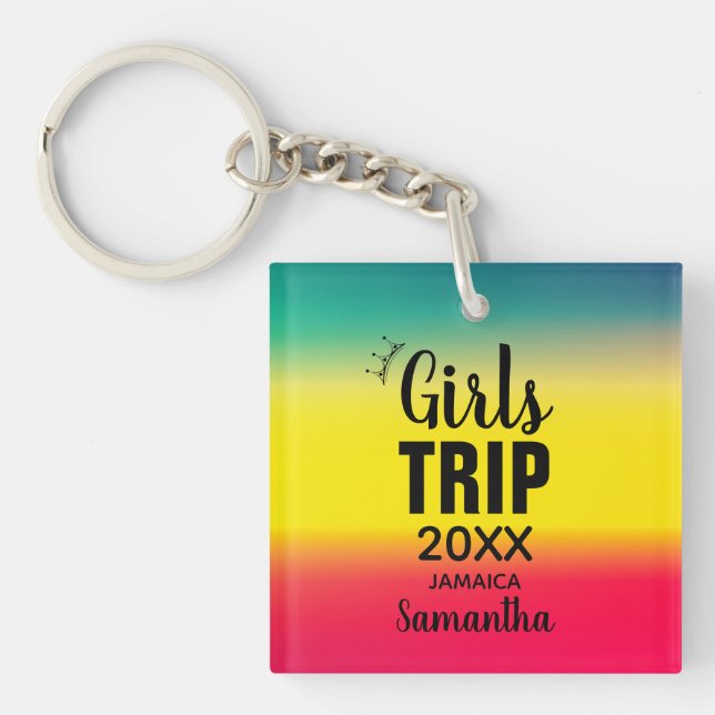 Girls Trip with Crown Year & Name Green Yellow Red Keychain (Front)