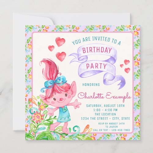 Girls Troll Birthday Party Invitations