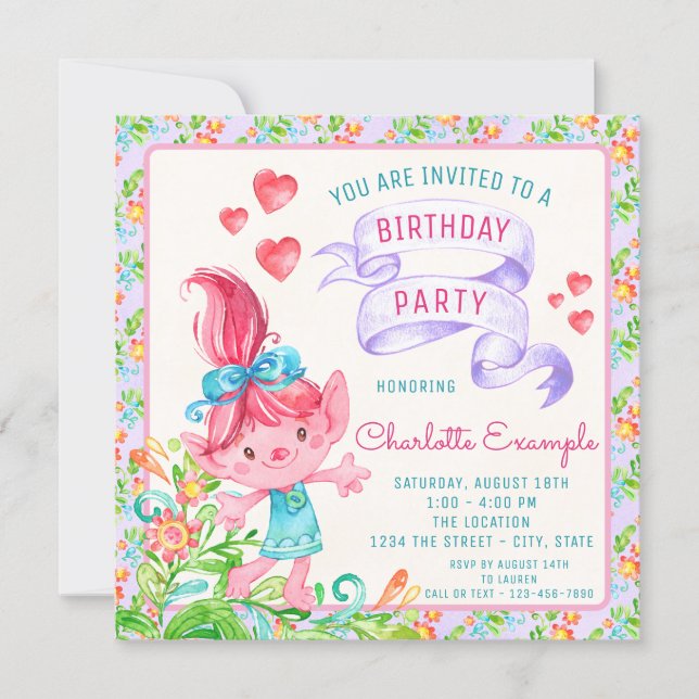 Girls Troll Birthday Party Invitations (Front)