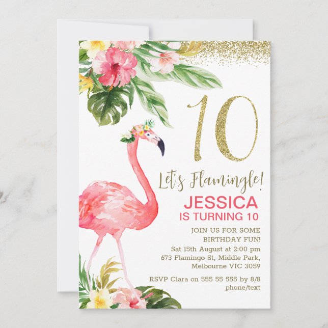 Girls Tropical Foral Let's Flamingle 10th birthday Invitation (Front)