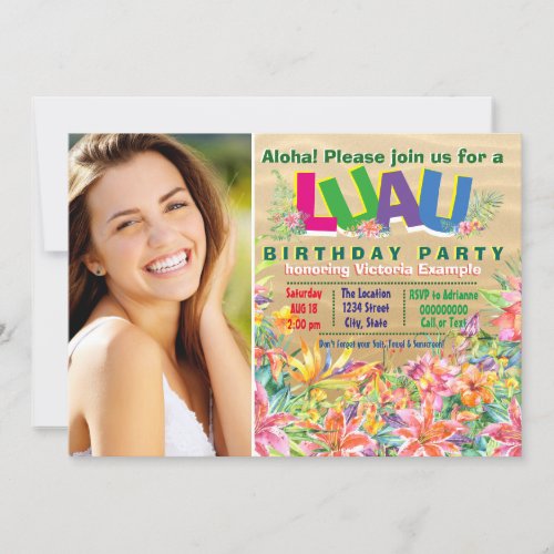 Girls Tropical Luau Photo Birthday Party Invitation