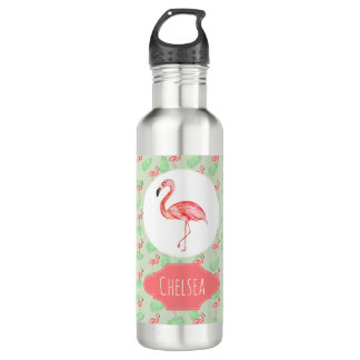 Girl's Tropical Watercolor Flamingo and Name Stainless Steel Water Bottle