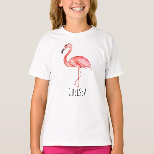 Girls Tropical Watercolor Flamingo and Name T_Shirt
