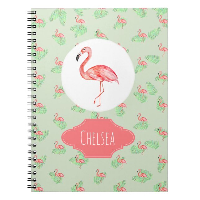Girl's Tropical Watercolor Flamingo Name Kids Notebook (Front)