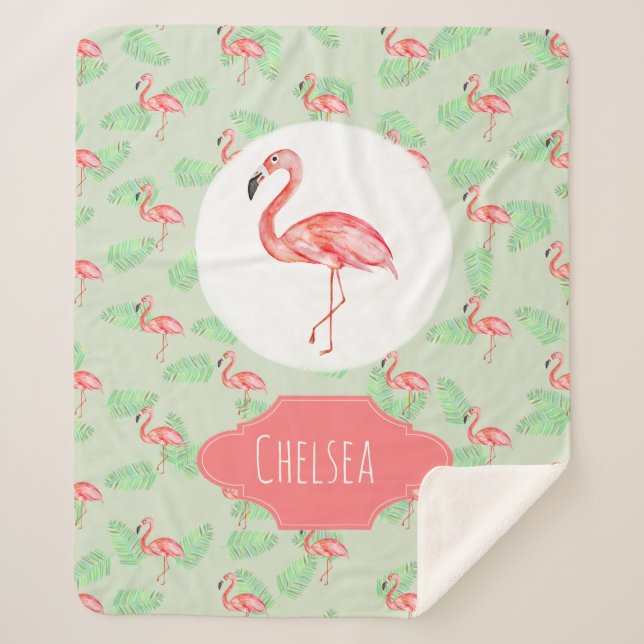 Girls Tropical Watercolor Flamingo & Name Kids Sherpa Blanket (Front)