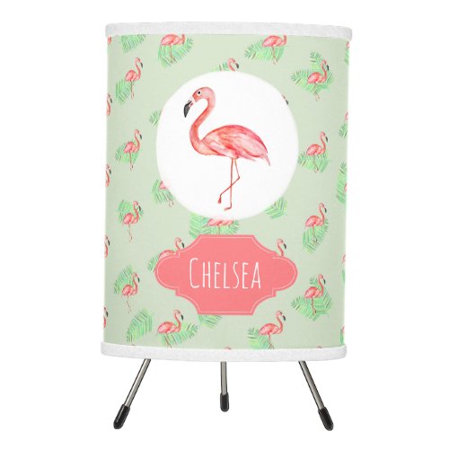 Girls Tropical Watercolor Flamingo Pattern Name Tripod Lamp