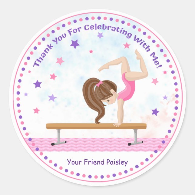 Girls Tumbling Birthday Favor Gymnastics Classic Round Sticker (Front)