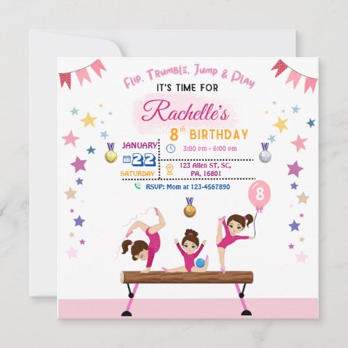 Girls Tumbling Gymnastics Birthday Party Invite