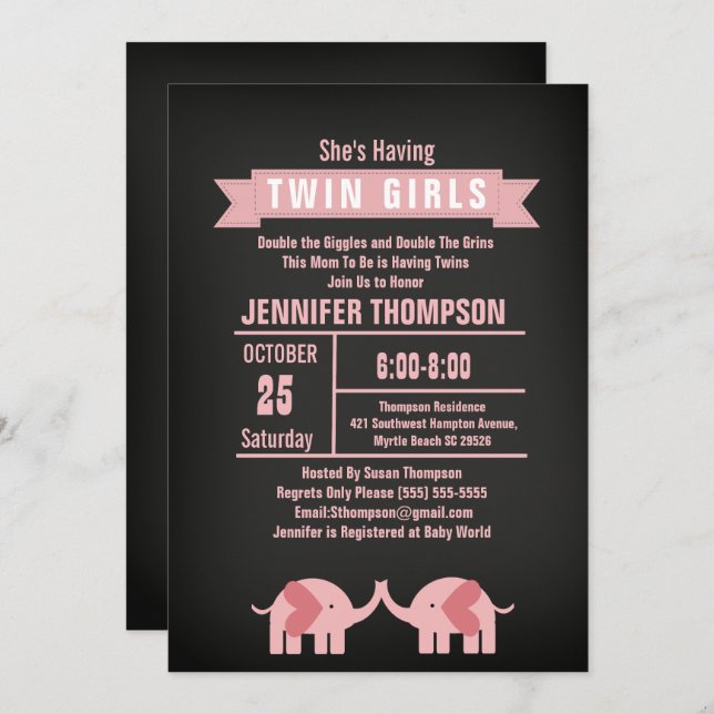 Girls Twin Elephant Baby Shower Chalkboard Invitation (Front/Back)