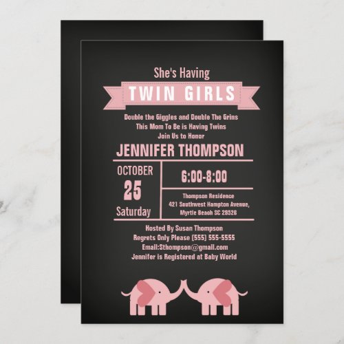 Girls Twin Elephant Baby Shower Chalkboard Invitation